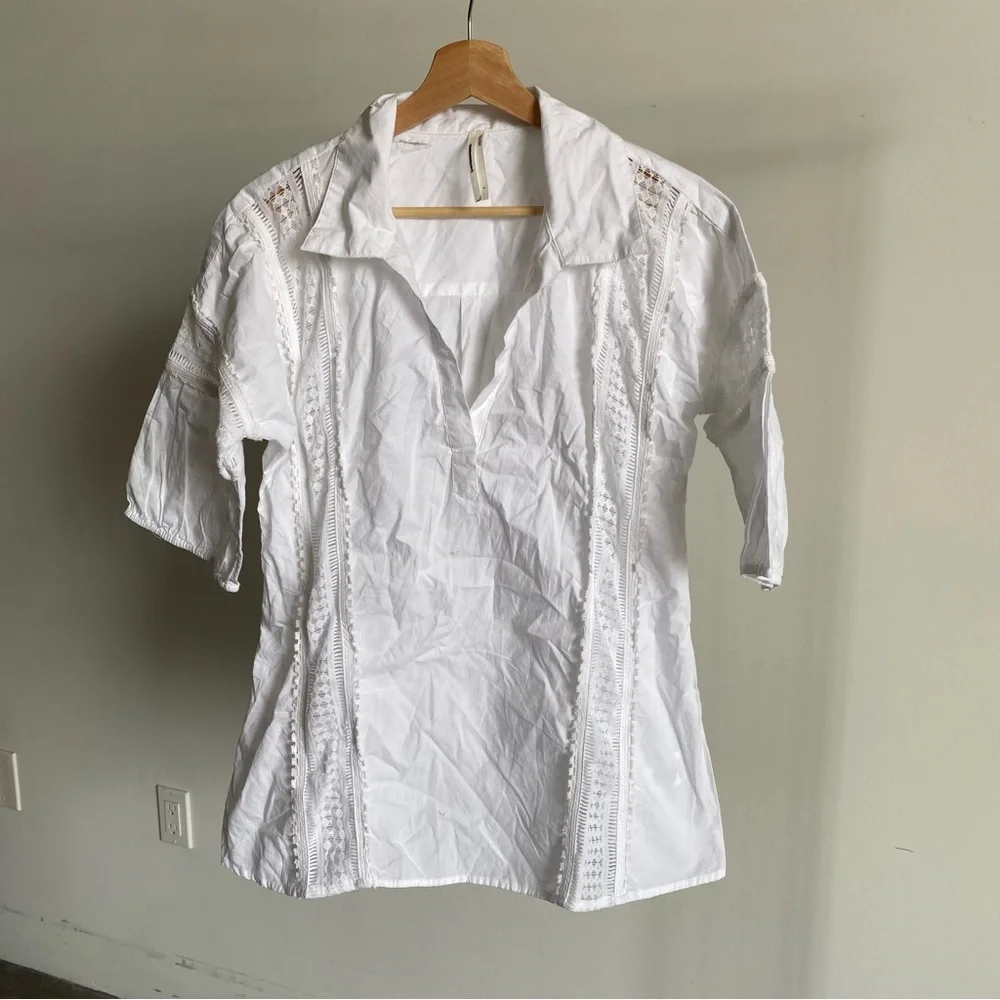 New White By Anthropologie Puff Sleeve Lace Blouse Sz Small